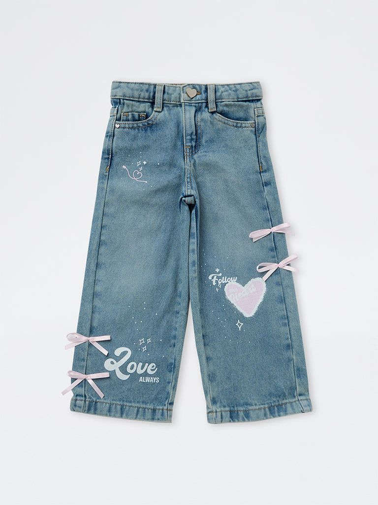 HOP Kids Girls Blue Bow-Detail High-Rise Jeans