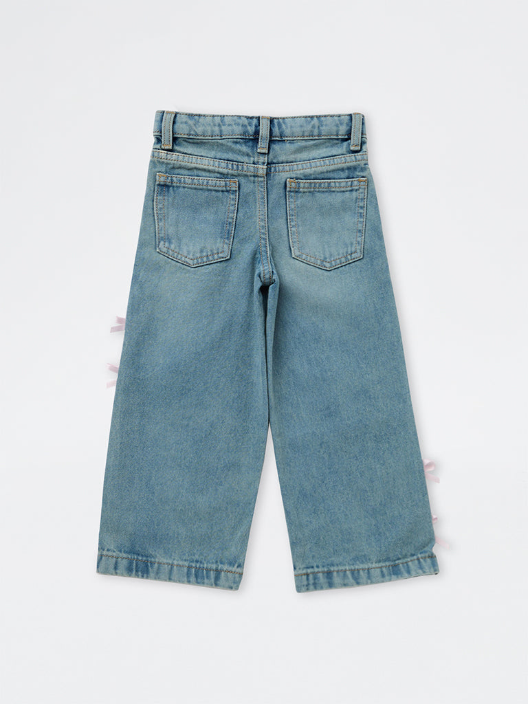 HOP Kids Girls Blue Bow-Detail High-Rise Jeans