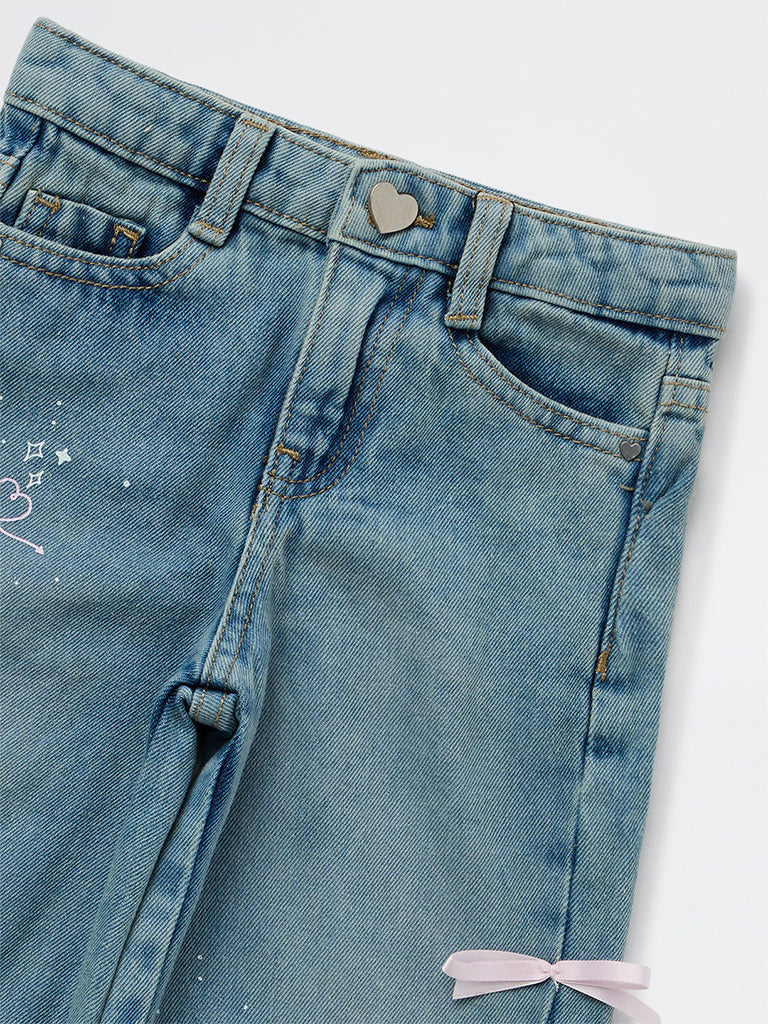 HOP Kids Girls Blue Bow-Detail High-Rise Jeans