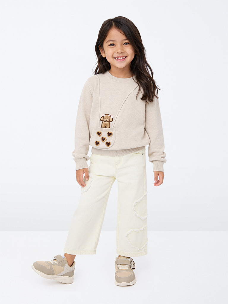 HOP Kids Girls Off-White Frayed-Detail High-Rise Jeans