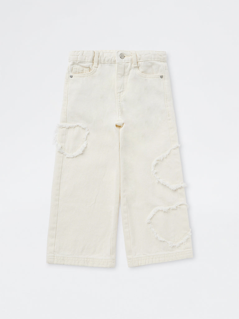 HOP Kids Girls Off-White Frayed-Detail High-Rise Jeans