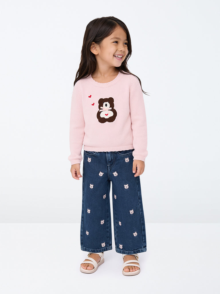HOP Kids Girls Dark Blue Teddy Bear Embroidered High-Rise Jeans