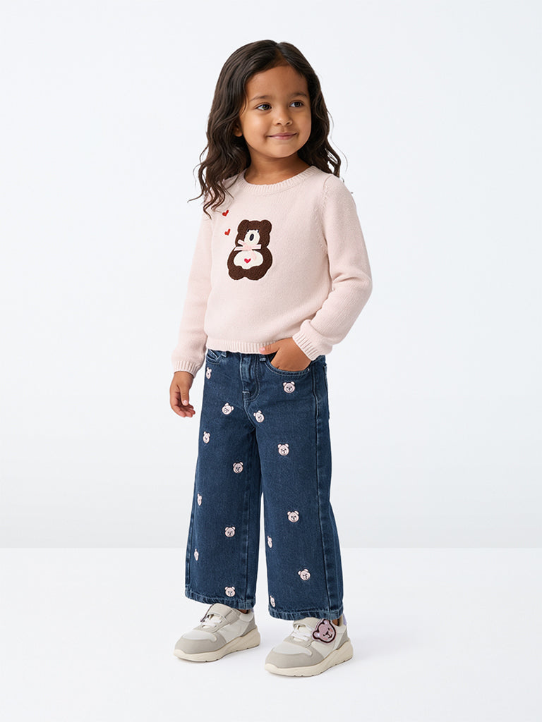 HOP Kids Girls Dark Blue Teddy Bear Embroidered High-Rise Jeans