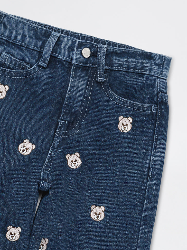 HOP Kids Girls Dark Blue Teddy Bear Embroidered High-Rise Jeans