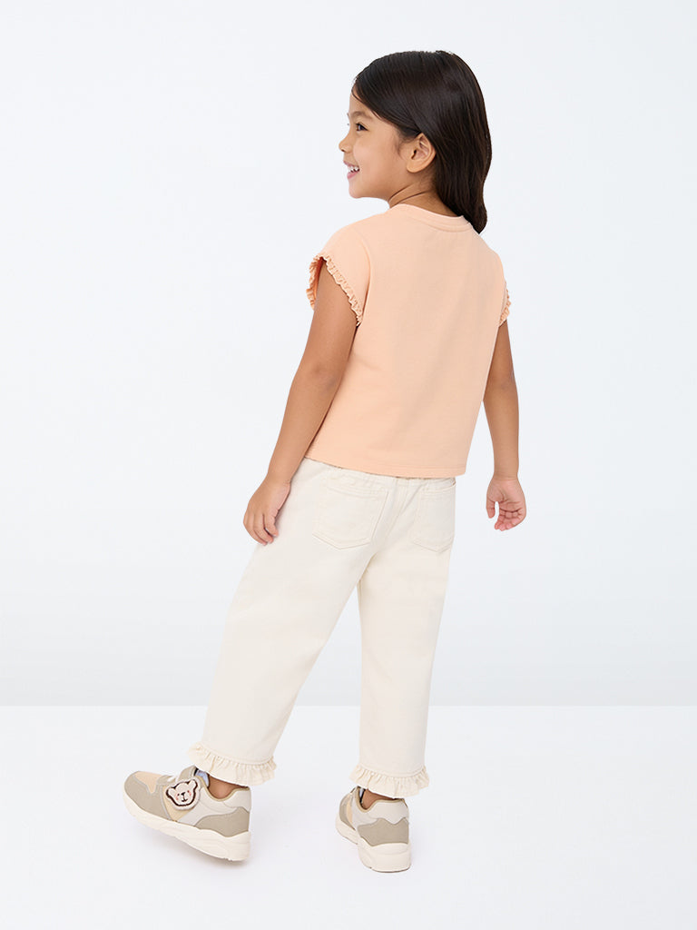 HOP Kids Girls Off-White Bear Embroidered High-Rise Jeans