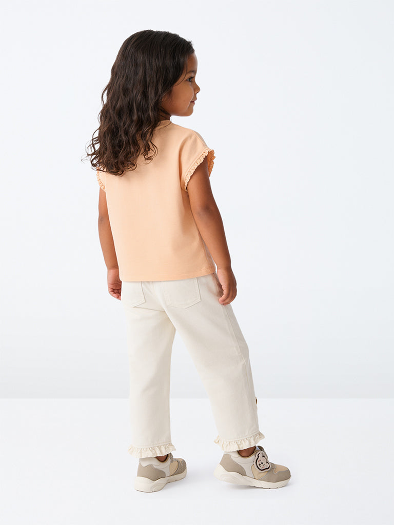 HOP Kids Girls Off-White Bear Embroidered High-Rise Jeans