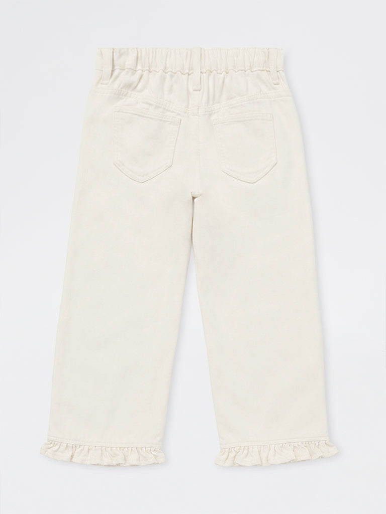 HOP Kids Girls Off-White Bear Embroidered High-Rise Jeans