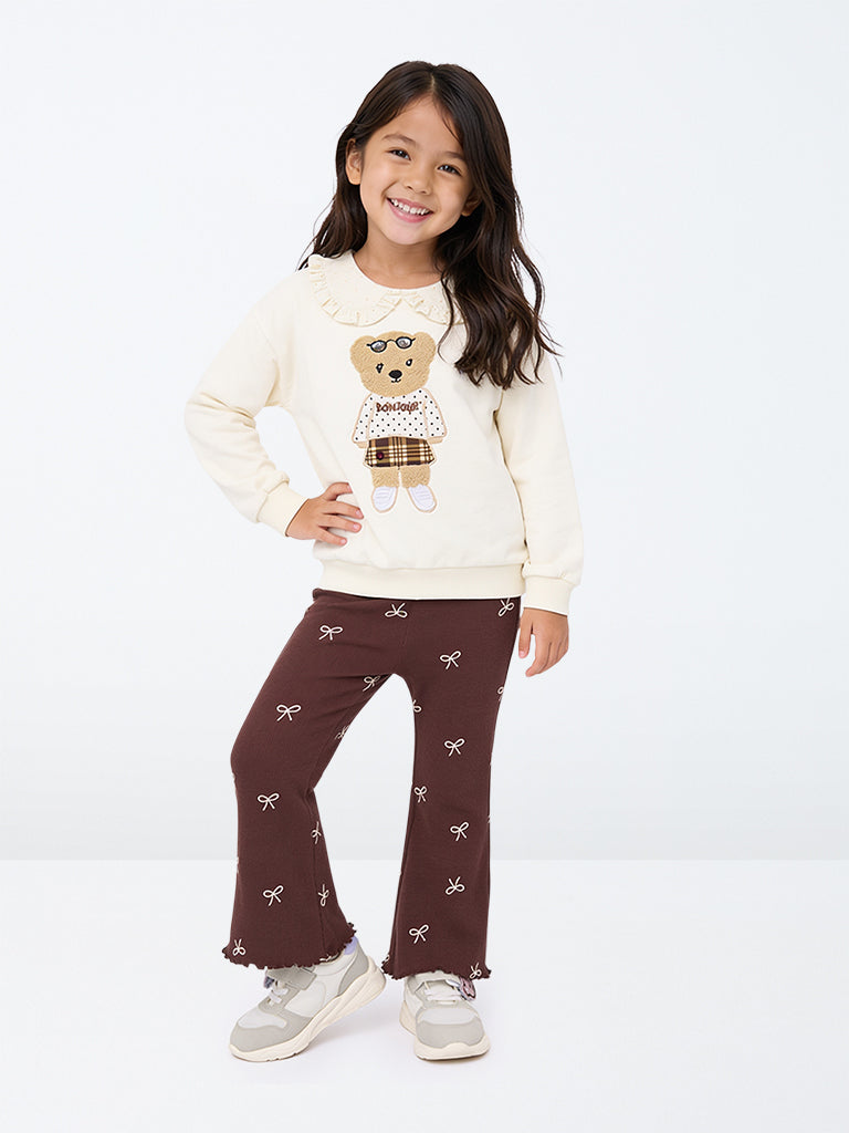 HOP Kids Girls Brown Bow Pattern High-Rise Cotton-Blend Pants