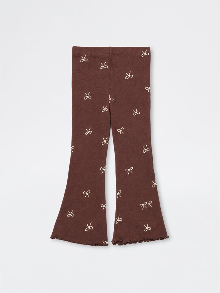 HOP Kids Girls Brown Bow Pattern High-Rise Cotton-Blend Pants