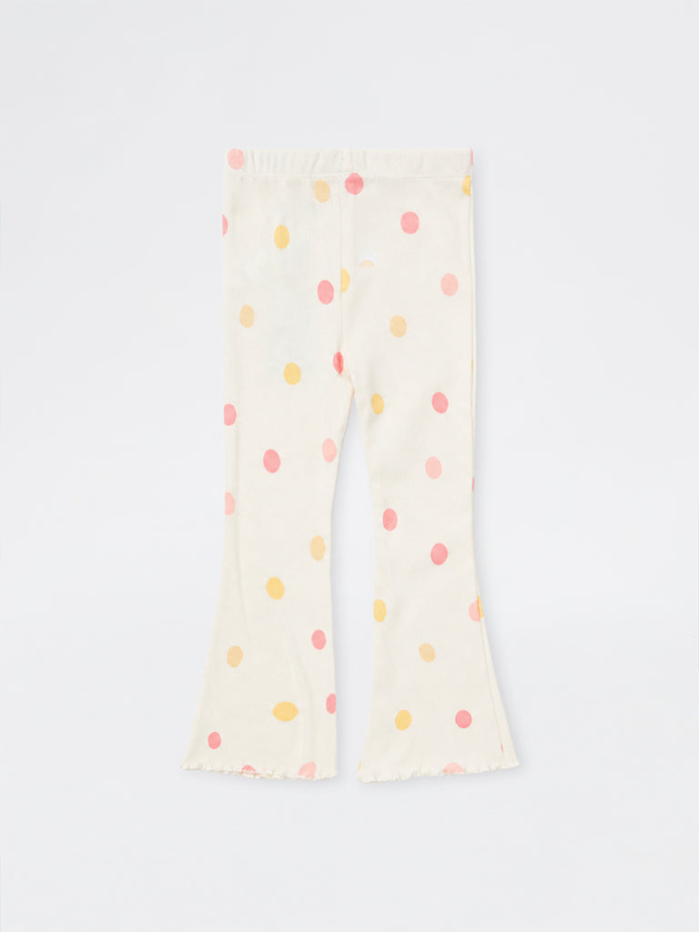 HOP Kids Girls Off-White Polka Dot High-Rise Cotton-Blend Pants