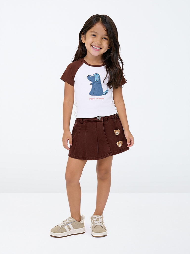 HOP Kids Girls Dark Brown Crochet-Detail High-Rise Denim Skorts