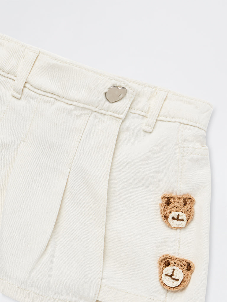 HOP Kids Girls Off-White Crochet Detail Denim Skorts