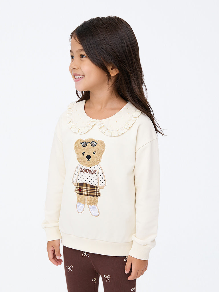 HOP Kids Girls Off-White Bear Embroidered Cotton Sweatshirt