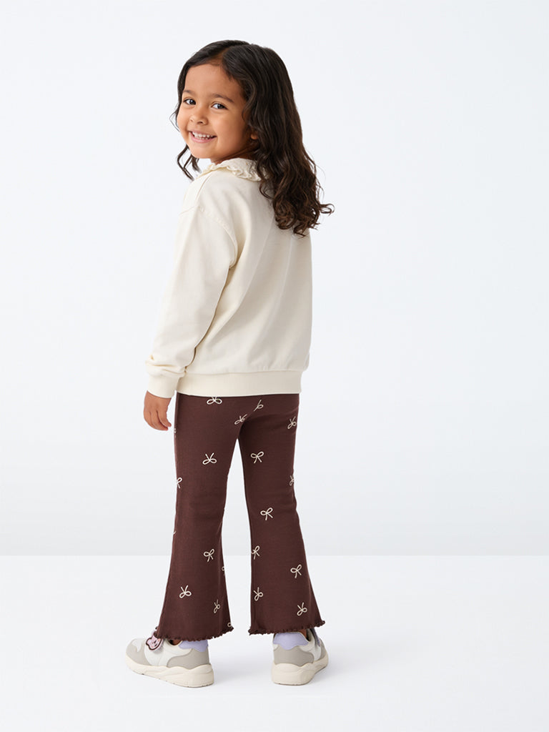 HOP Kids Girls Off-White Bear Embroidered Cotton Sweatshirt