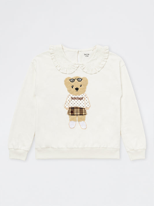 HOP Kids Girls Off-White Bear Embroidered Cotton Sweatshirt