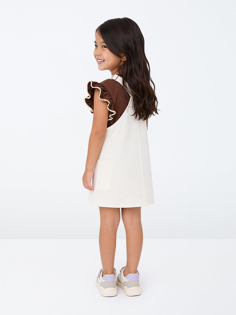 HOP Kids Girls Off-White Embroidered Cotton Pinafore with T-Shirt Set