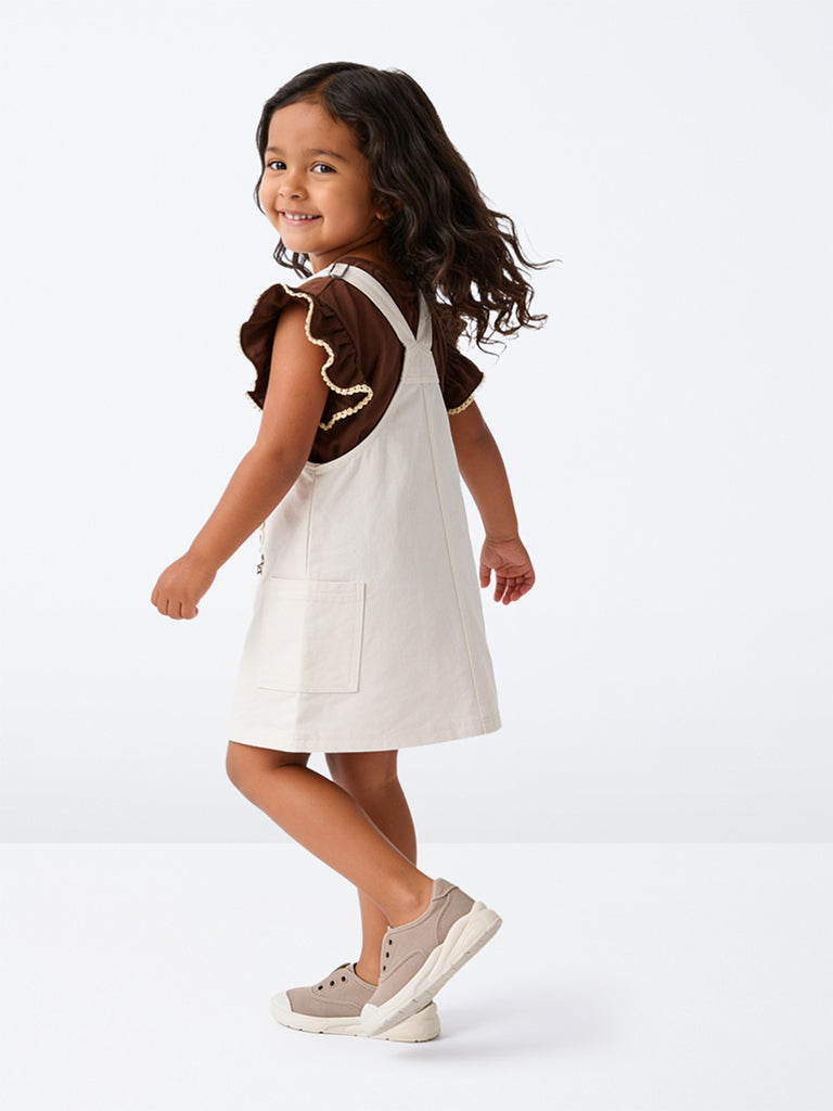 HOP Kids Girls Off-White Embroidered Cotton Pinafore with T-Shirt Set