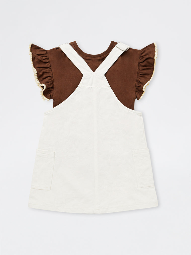 HOP Kids Girls Off-White Embroidered Cotton Pinafore with T-Shirt Set