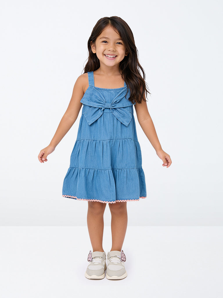 HOP Kids Girls Blue Bow-Design Cotton-Blend Tiered Dress