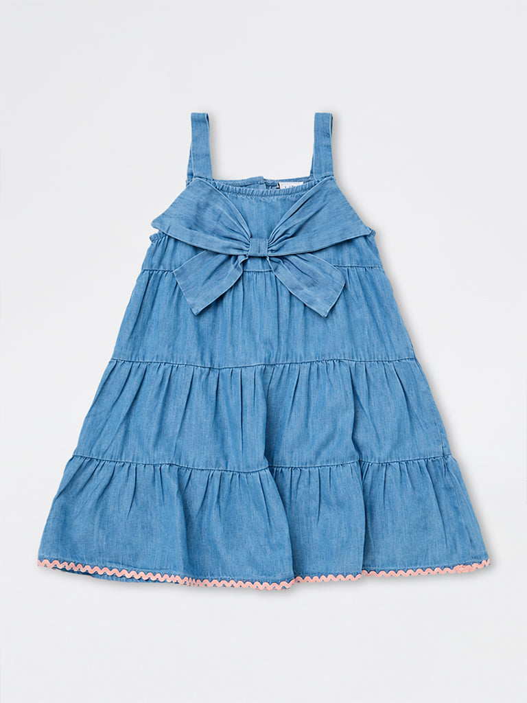 HOP Kids Girls Blue Bow-Design Cotton-Blend Tiered Dress