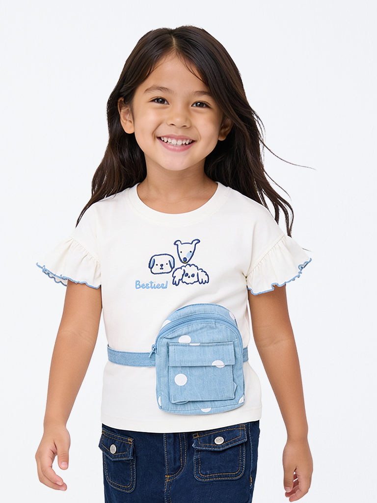 HOP Kids Girls White Animal Embroidered Sling-Bag Design Cotton Top