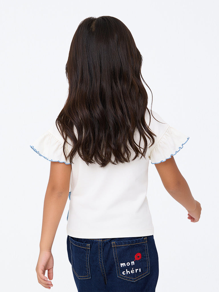 HOP Kids Girls White Animal Embroidered Sling-Bag Design Cotton Top