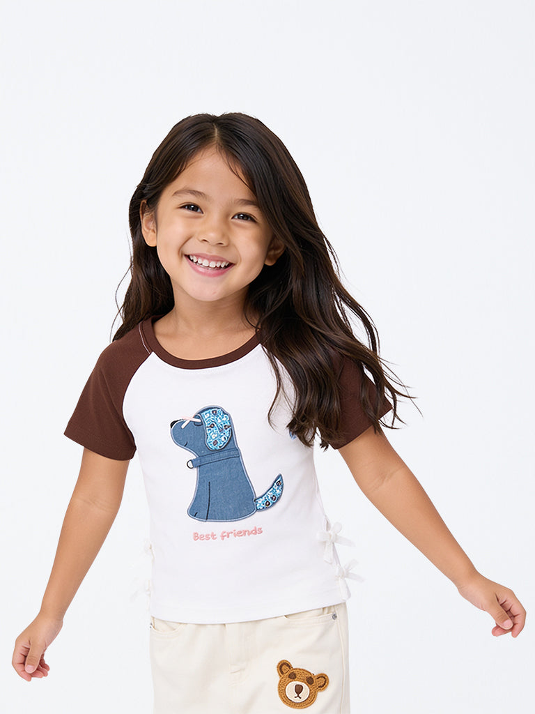 HOP Kids Girls White Animal Embroidered Cotton-Blend T-Shirt