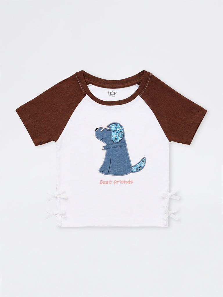 HOP Kids Girls White Animal Embroidered Cotton-Blend T-Shirt