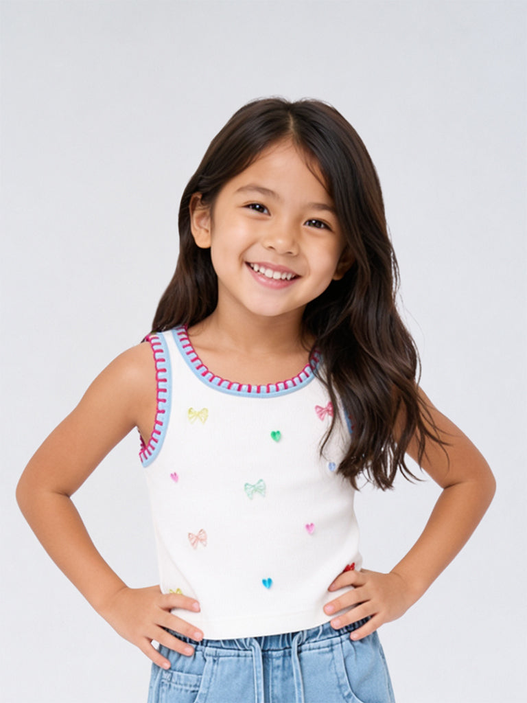 HOP Kids Girls Off-White Embellished Cotton Tank Top