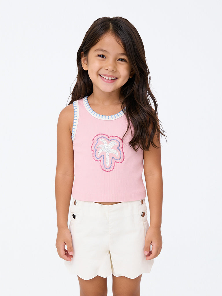 HOP Kids Girls Pink Palm-Tree Embellished Cotton Top