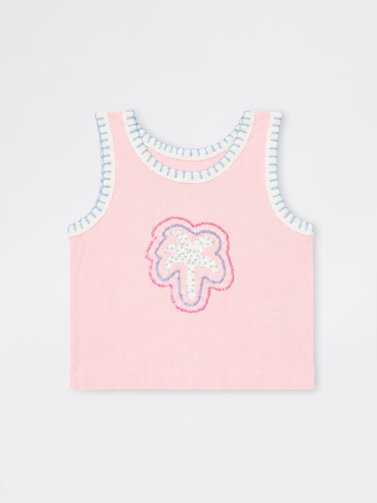 HOP Kids Girls Pink Palm-Tree Embellished Cotton Top