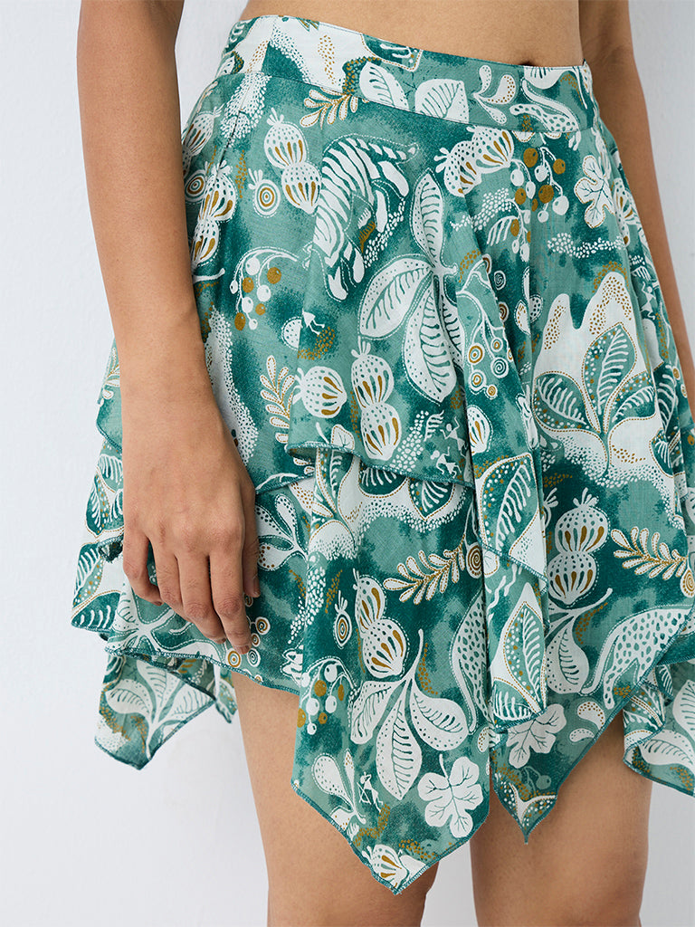 Bombay Paisley Green Printed High-Rise Cotton Tiered Skirt