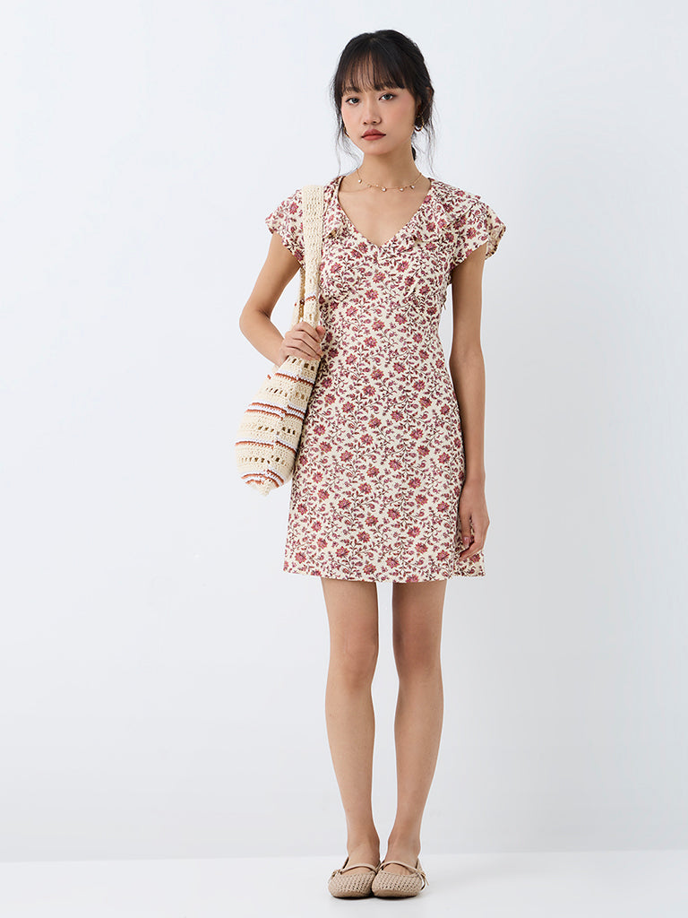 Bombay Paisley Off-White Floral Printed Mini A-Line Dress