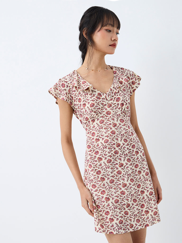 Bombay Paisley Off-White Floral Printed Mini A-Line Dress
