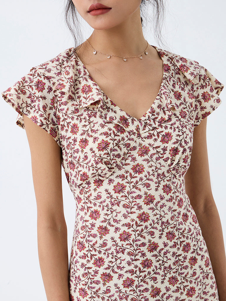 Bombay Paisley Off-White Floral Printed Mini A-Line Dress