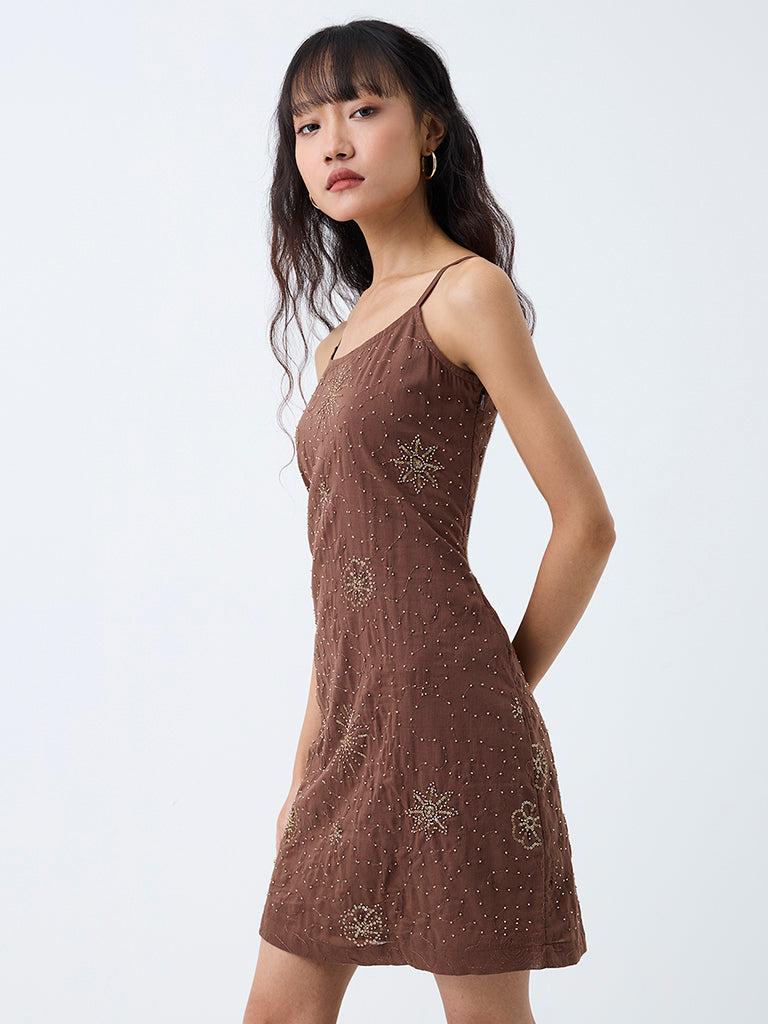 Bombay Paisley Brown Embellished Cotton Mini A-Line Dress