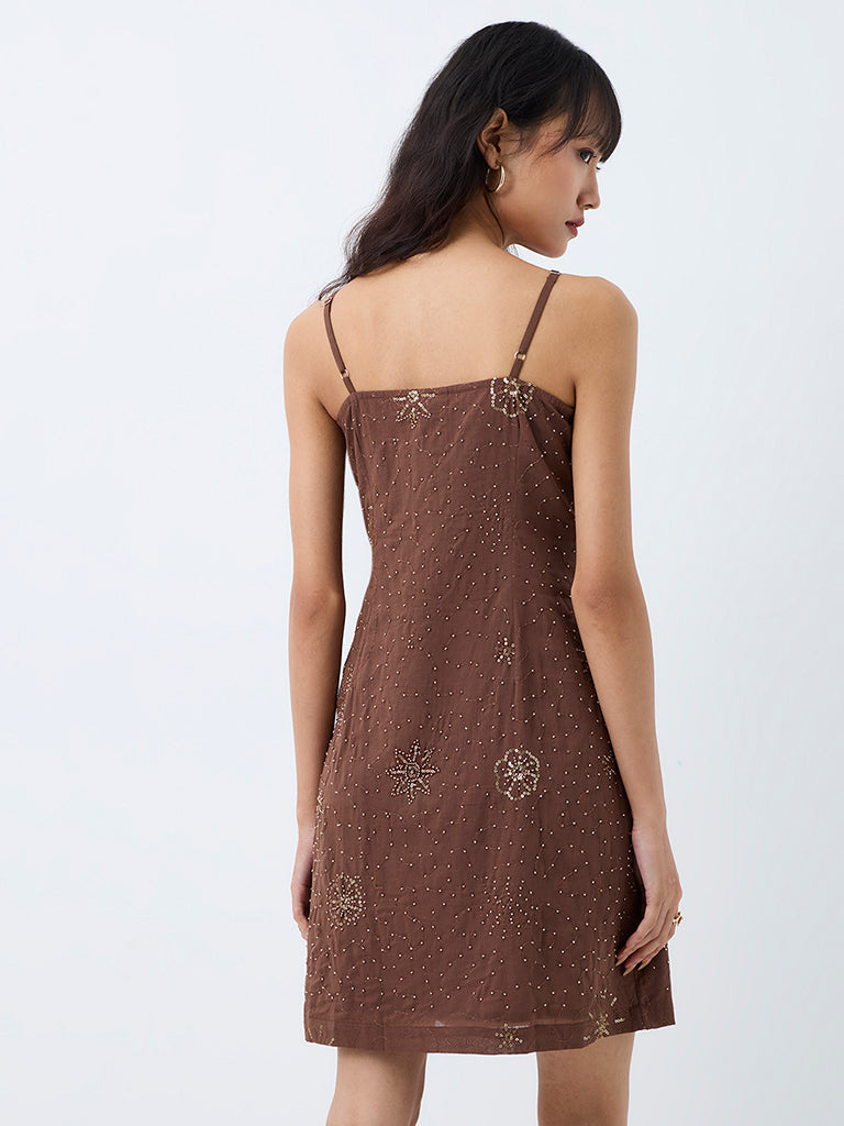 Bombay Paisley Brown Embellished Cotton Mini A-Line Dress