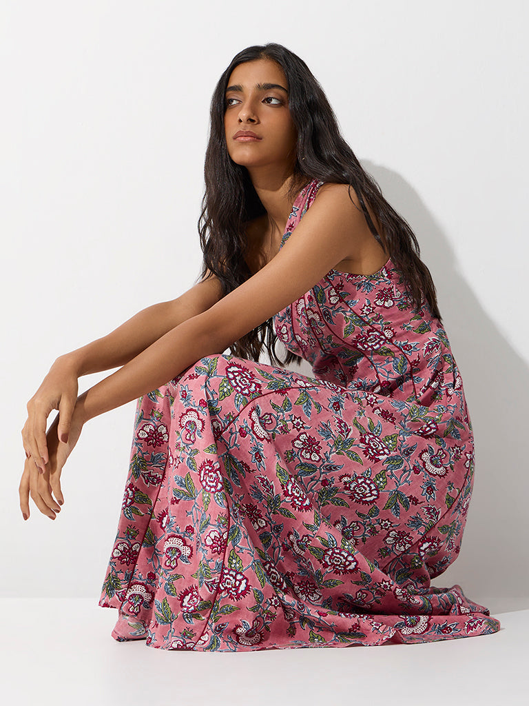 Bombay Paisley Pink Floral Printed One-Shoulder Dress