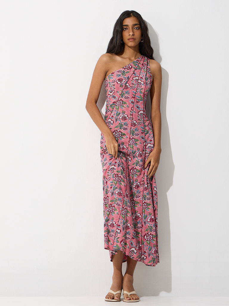 Bombay Paisley Pink Floral Printed One-Shoulder Dress