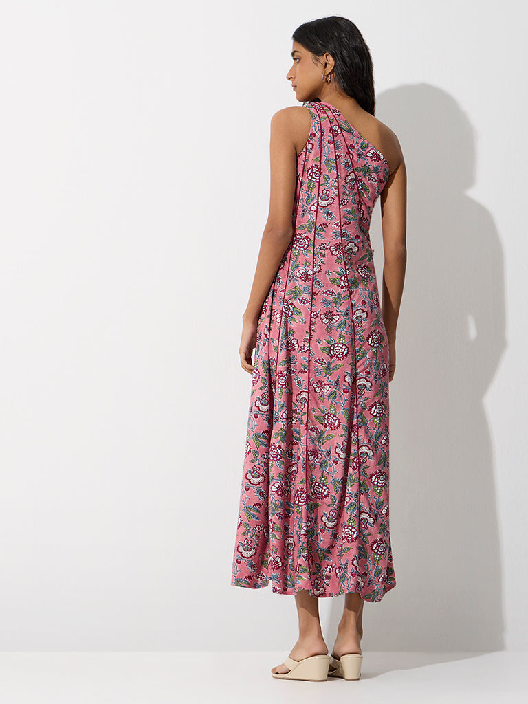 Bombay Paisley Pink Floral Printed One-Shoulder Dress