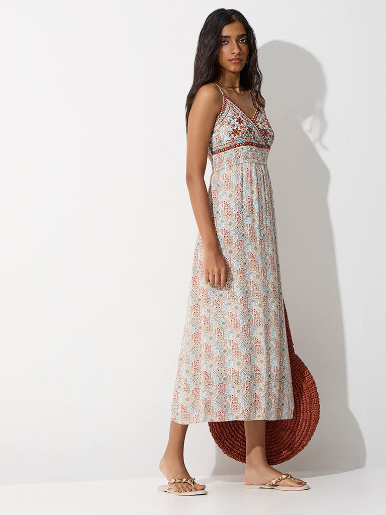Bombay Paisley Blue and Brown Printed A-Line Dress