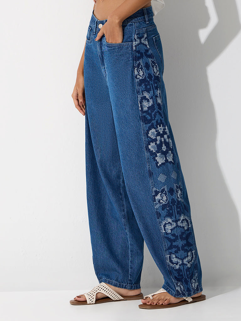 Bombay Paisley Blue Floral Embroidered High-Rise Jeans