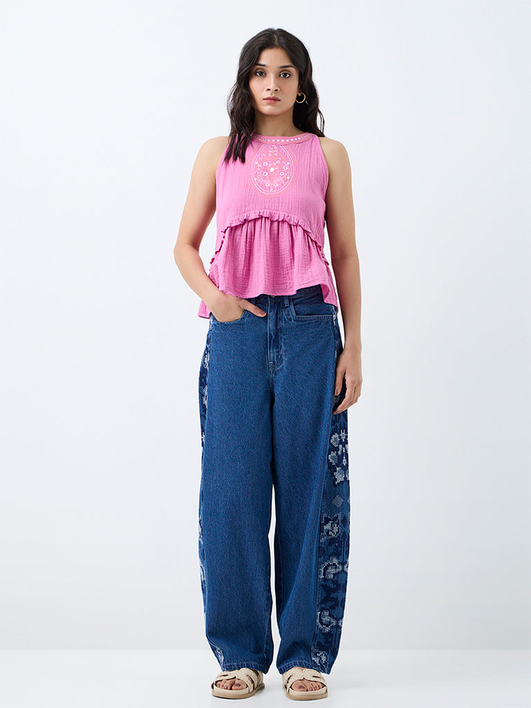 Bombay Paisley Pink Embroidered Halter-Neck Cotton Top