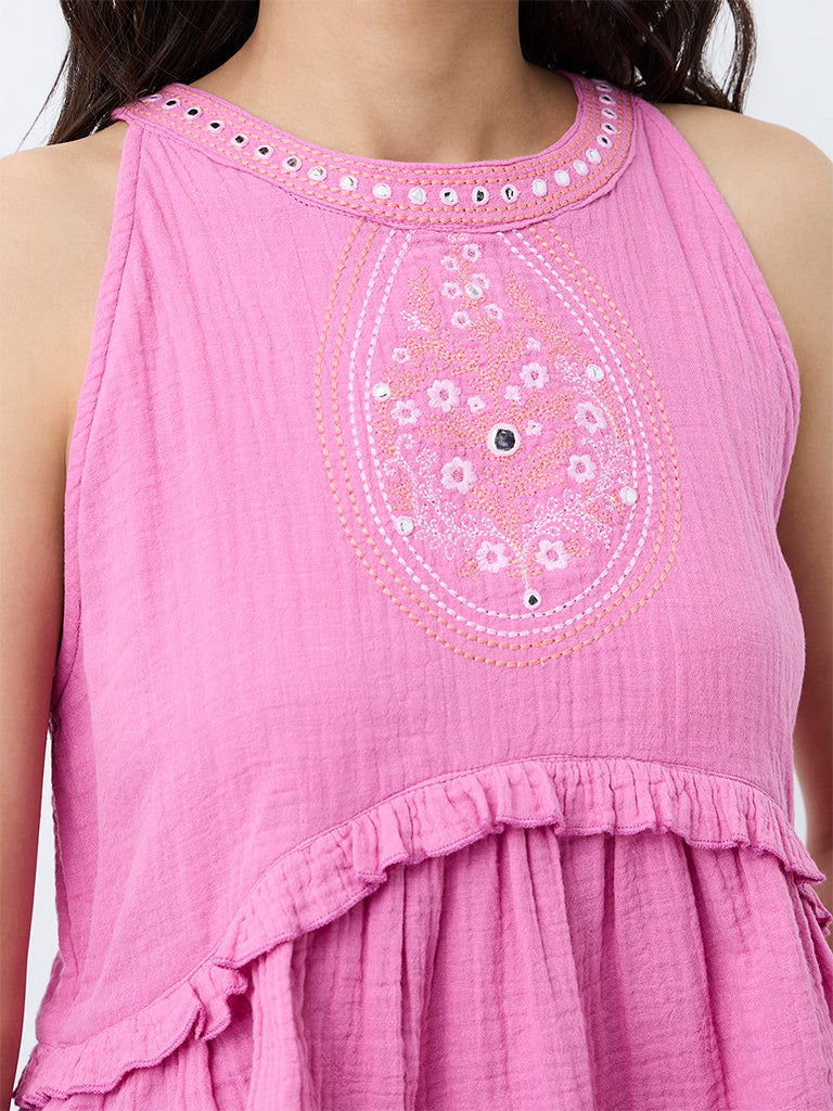Bombay Paisley Pink Embroidered Halter-Neck Cotton Top