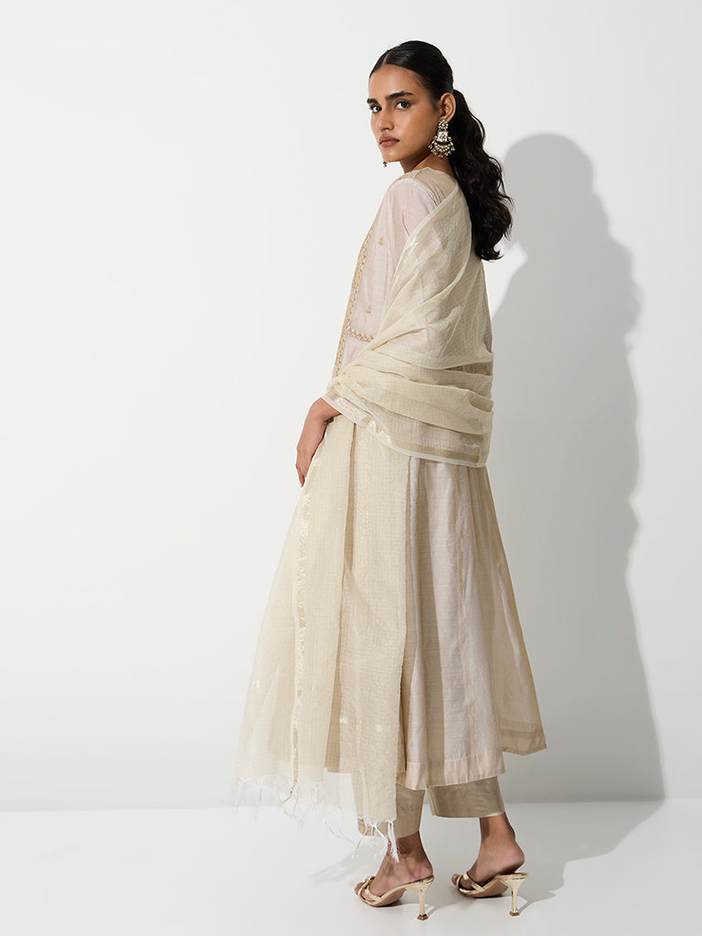 Vark Beige Floral Embroidered A-Line Ethnic Set