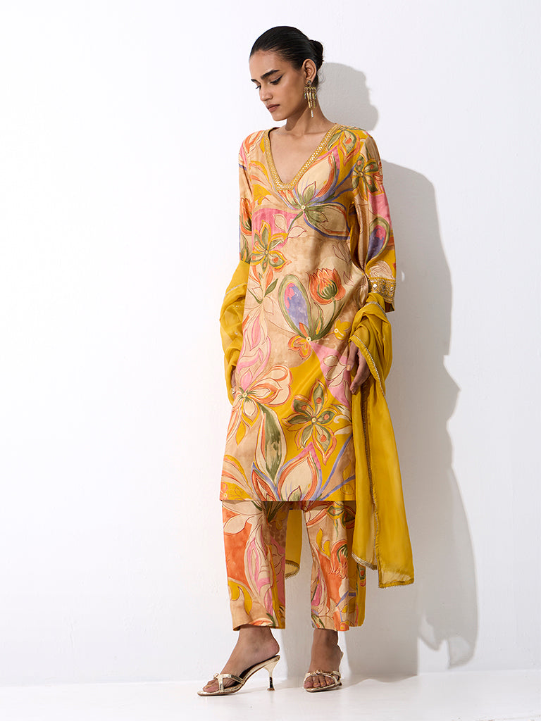Vark Mustard Floral Printed Straight Ethnic Set