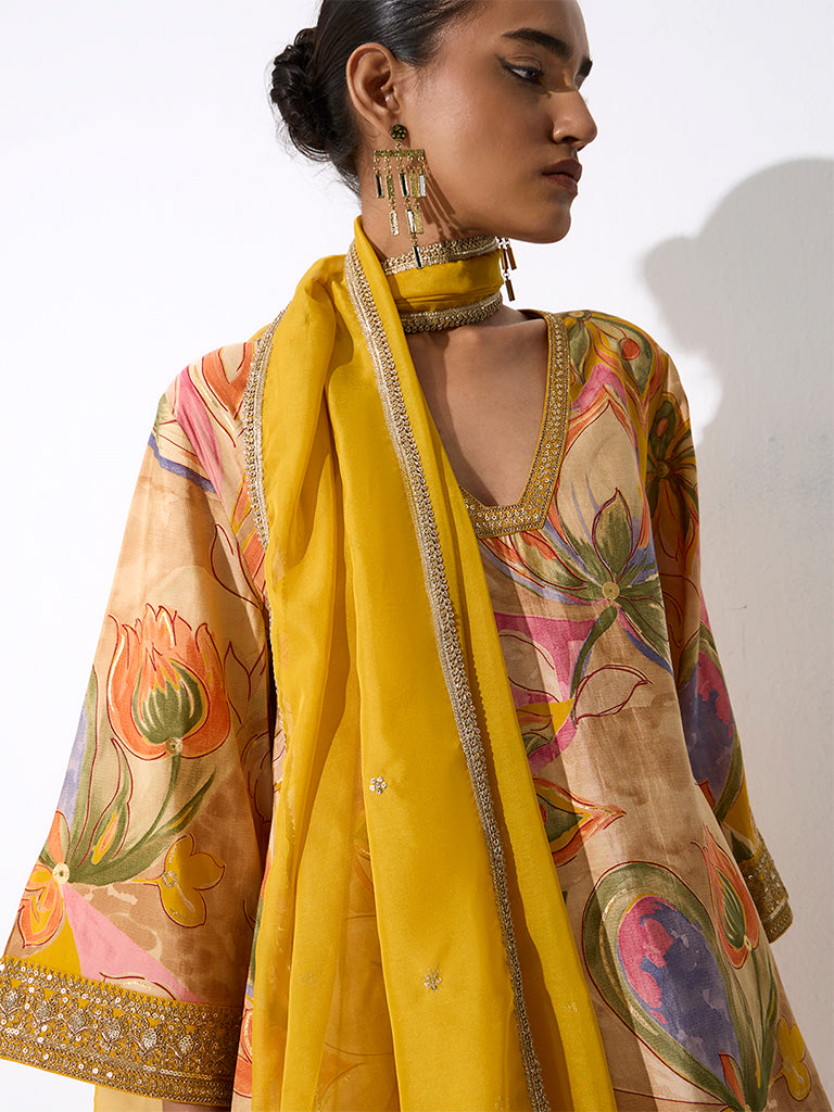 Vark Mustard Floral Printed Straight Ethnic Set
