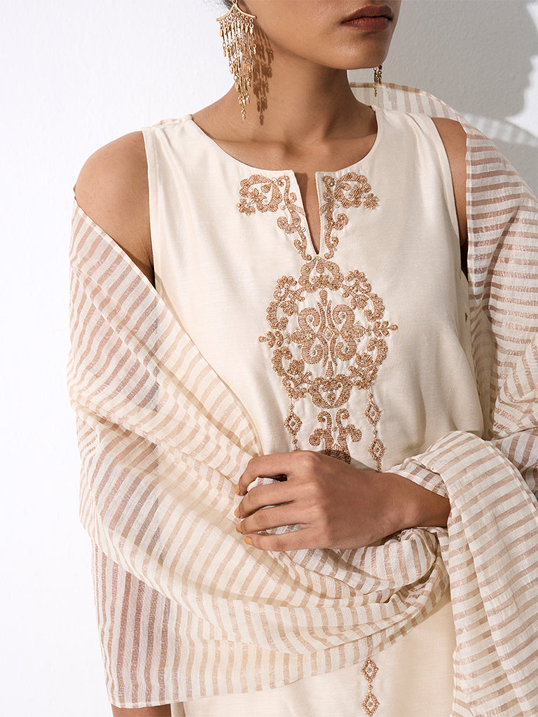 Vark Ivory Embroidered A-Line Ethnic Set