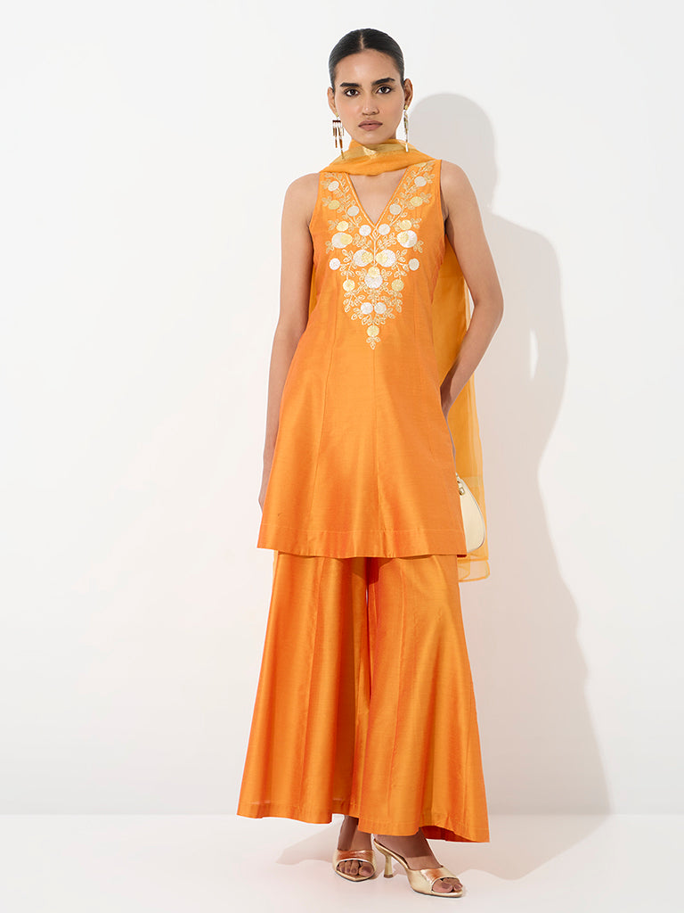 Vark Orange Floral Embroidered A-Line Ethnic Set
