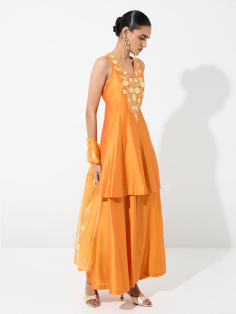 Vark Orange Floral Embroidered A-Line Ethnic Set